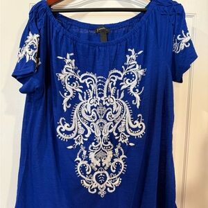 INC International Concepts Royal Blue Off-Shoulder Tunic with White Embroidery